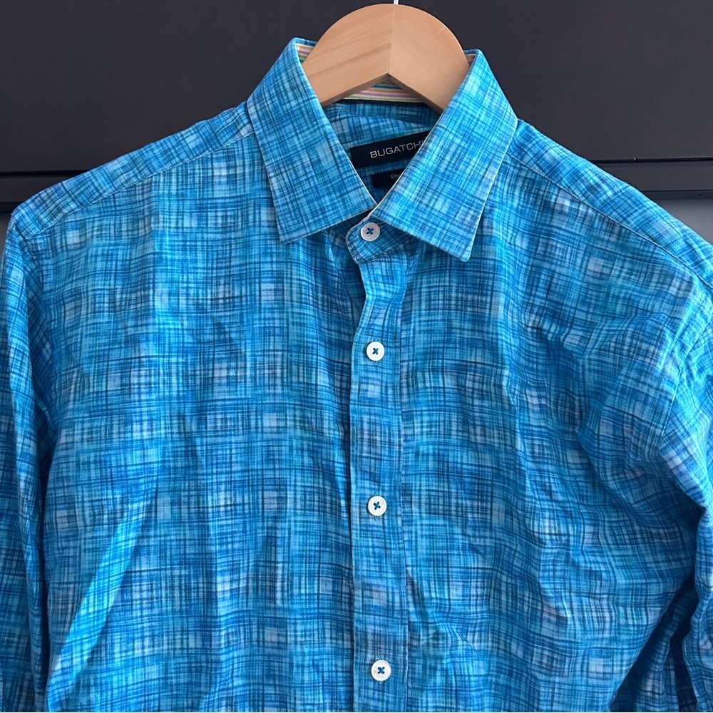 Bugatchi Turquoise Checkered Button Down Shirt - image 4